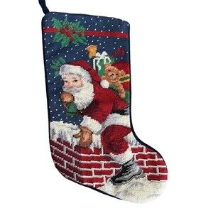 Vintage Needlepoint Christmas Stocking Santa Rooftop Chimney Velour 17”